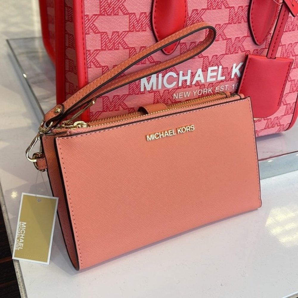 Michael Kors Jet Set Travel Leather Large Double Zip Wallet Wristlet Sherbert - Picture 12 of 16